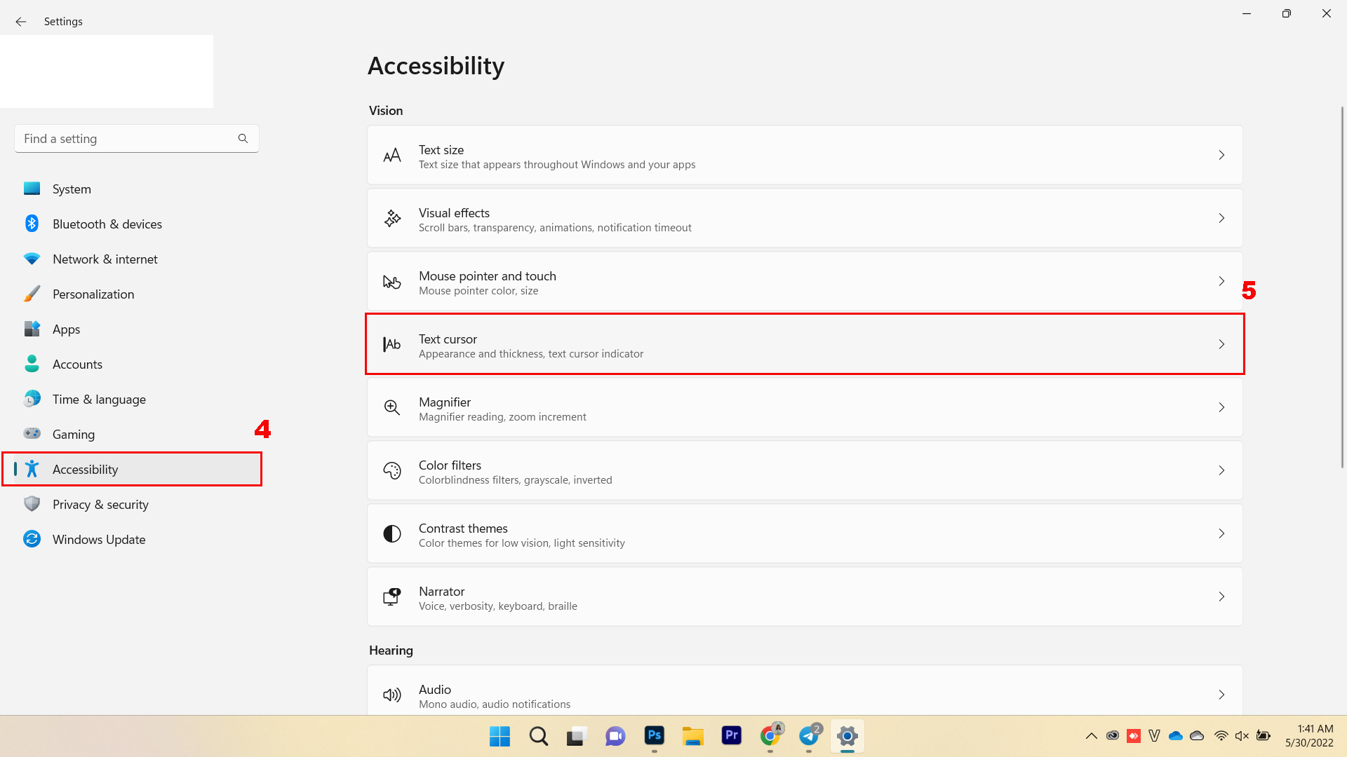Tại cửa sổ Settings, nhấn chọn Accessibility. Khi thư mục Accessibility hiện ra, chọn Text cursor